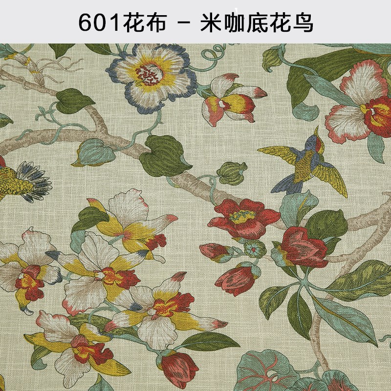 亚麻布印花面料仿棉麻沙发t布料 中式花鸟抱枕坐垫套桌布面料