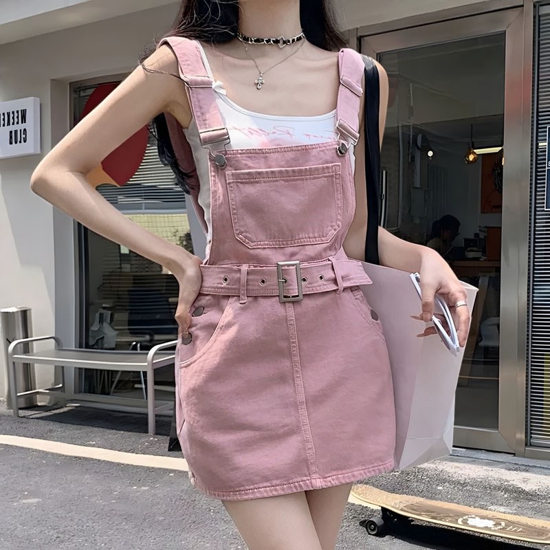 美式辣妹牛仔背带裙女夏2024新款小F个子收腰包臀显瘦a字短款裙裤