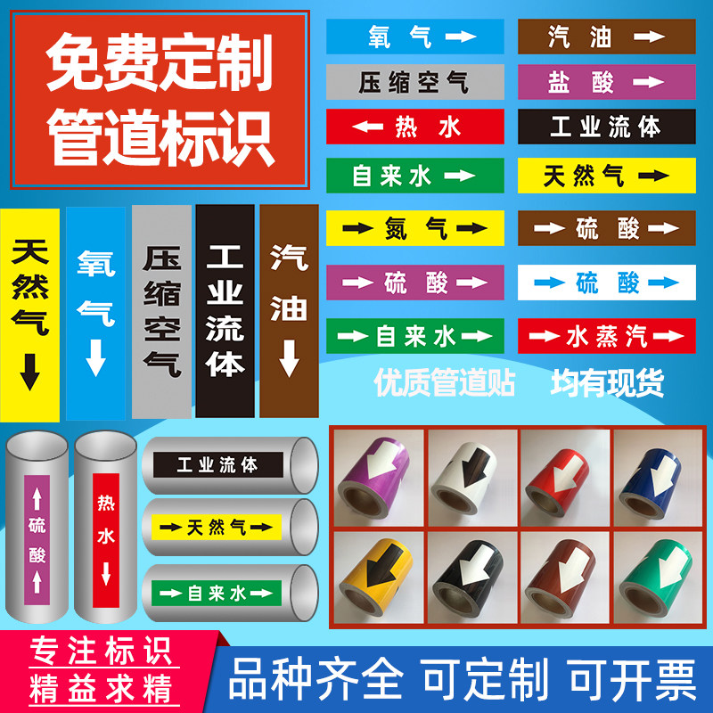 速发管道标识贴纸流向箭头化工介质流向工业管道箭头色环标签自来