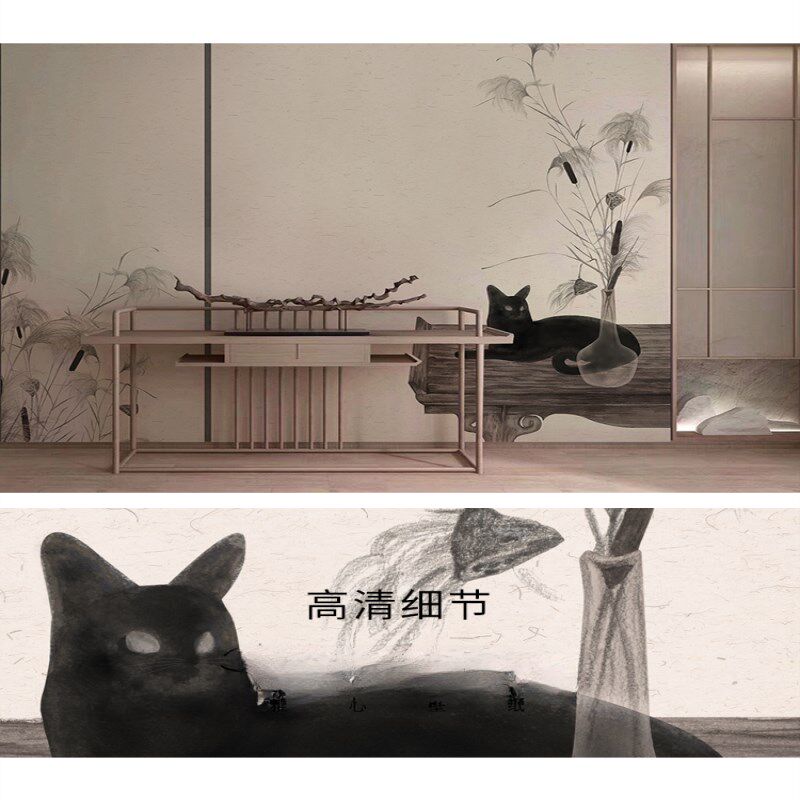 手绘猫咪中式壁纸素雅国风墙纸客厅卧室电视背景墙布定制壁布壁纸