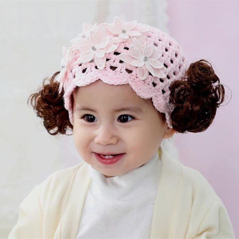 婴幼儿秋季帽子宝宝假发帽韩版可爱超H萌线手工编织网红秋冬