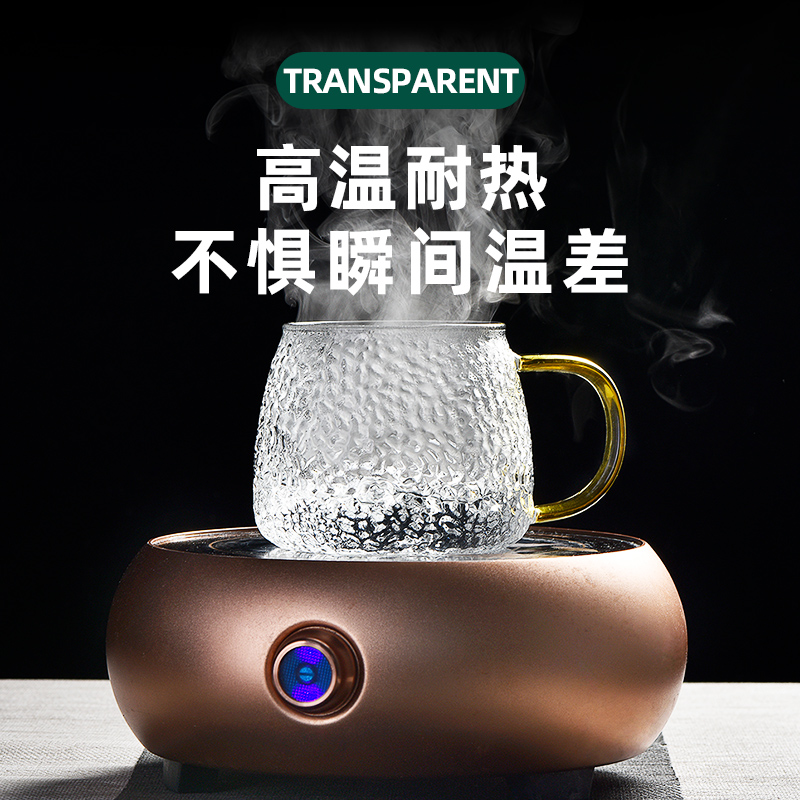 日式喝茶锤纹玻璃杯带盖t的家用耐高温成人牛奶杯微波炉可加热