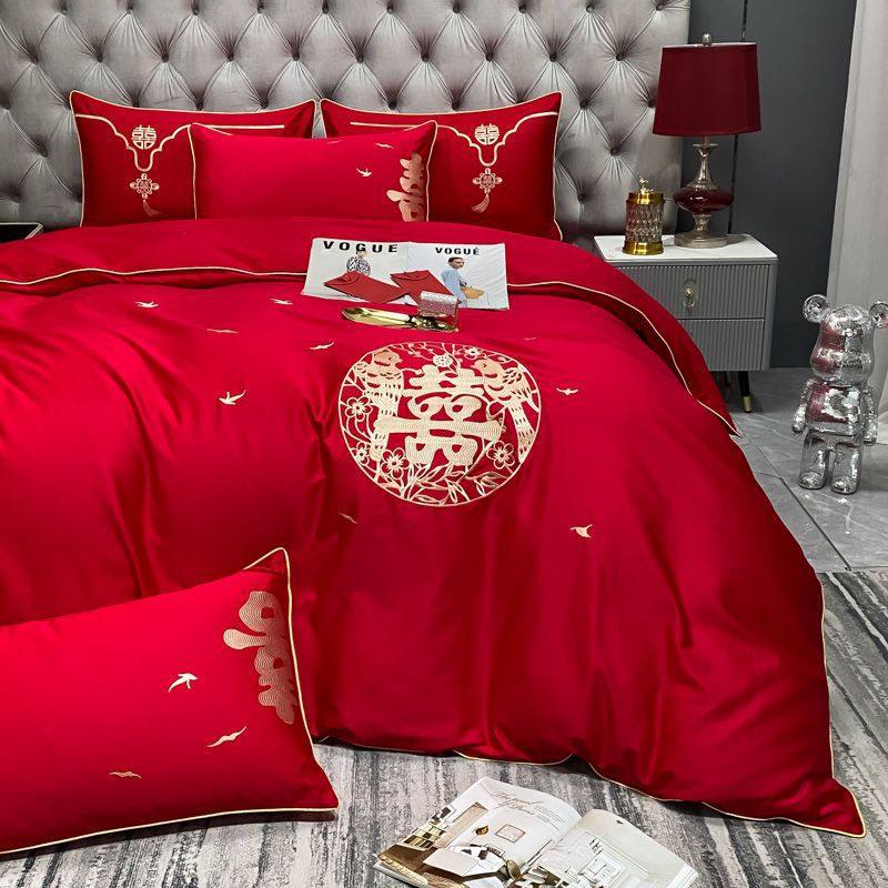 空调被四件套红色婚庆中式大红色新婚被套床单喜被结婚床上用品热,床上用品,婚庆床品套件,淘宝优惠券,粉丝福利购,淘宝优惠卷