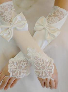 法式缎面婚纱长款手套复古蕾丝手工优雅新娘结婚晚宴礼服配饰品新