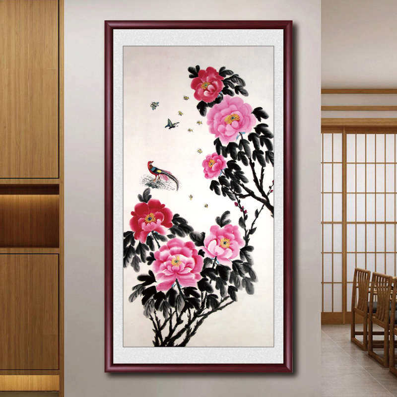 挂画水墨画吉祥幅花开过道富贵国画入户竖走廊玄关牡丹装饰画好运