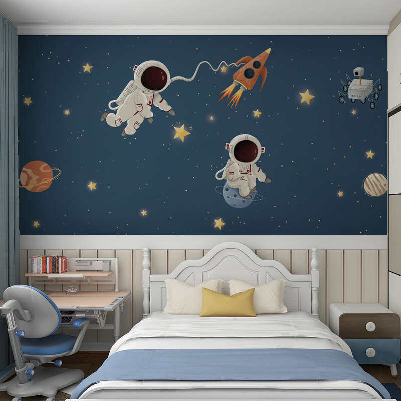 儿童房墙纸男孩卡通卧室墙布太空主题壁纸壁画定制壁布墙面装饰