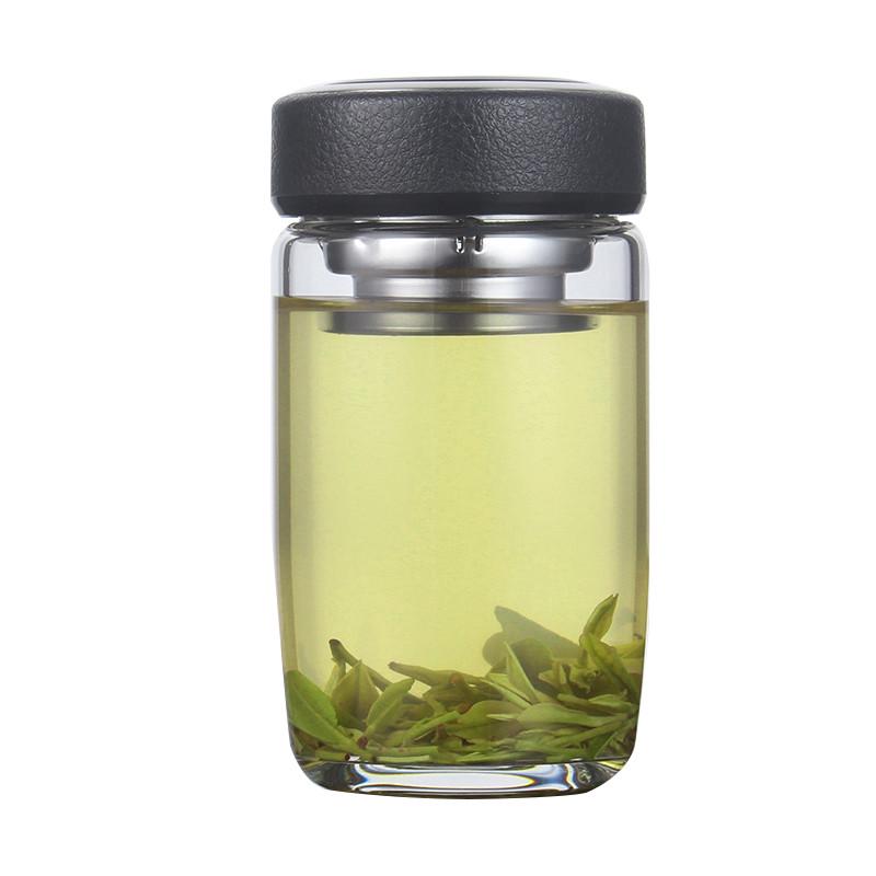 俊范单层玻璃水杯子男士加厚带过滤网泡茶杯矮胖粗鹅蛋杯大口