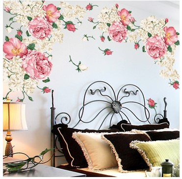 牡丹玫瑰花墙贴纸壁装饰画 温馨客厅卧室电视背景U墙衣柜玻璃贴花图片