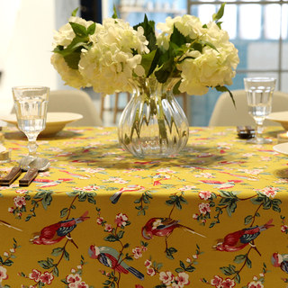 黄色花鸟桌布美式复古花卉纯棉帆布长方形茶几厚实盖巾台布蓝白红