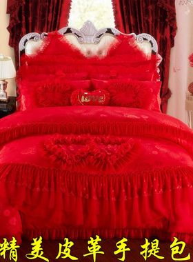 高档结婚庆大红色纯棉全棉蕾丝床裙床盖罩床单1.5m1.8m2米四件套