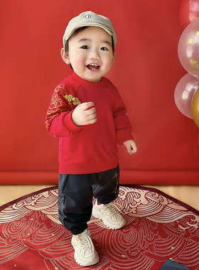 男宝宝一周岁宴中国风红色厚棉Tz抓周衣服纯棉男童唐装礼服秋天套