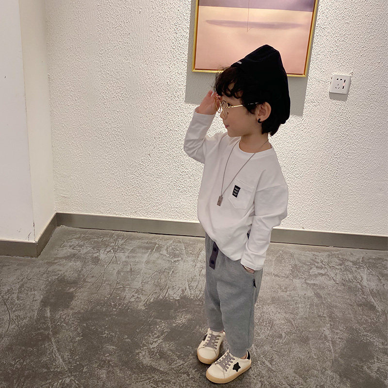 男童白色长袖T恤春秋男宝宝薄款纯色小童内搭黑色打Z底衫潮童