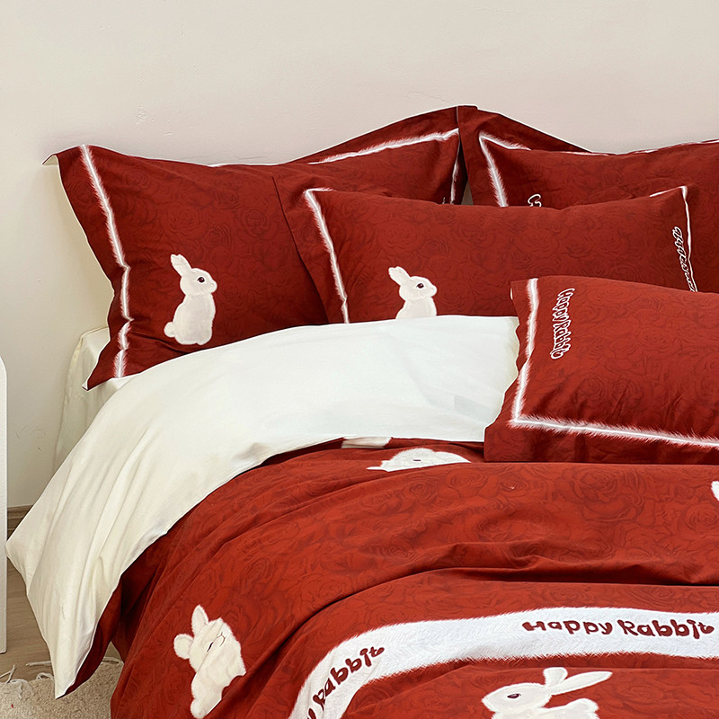 兔年结婚床上四件套160支全棉长绒棉床N单被套婚庆大红色床品,床上用品,婚庆床品套件,淘宝优惠券,粉丝福利购,淘宝优惠卷