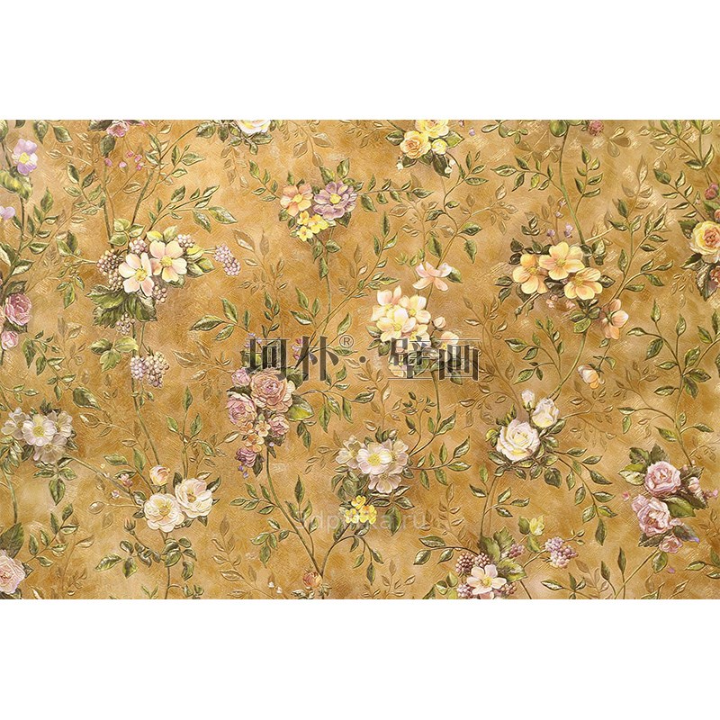 珂朴美式手绘花朵轻奢壁纸电视背景墙墙布装饰定制壁画别墅客厅3d图片