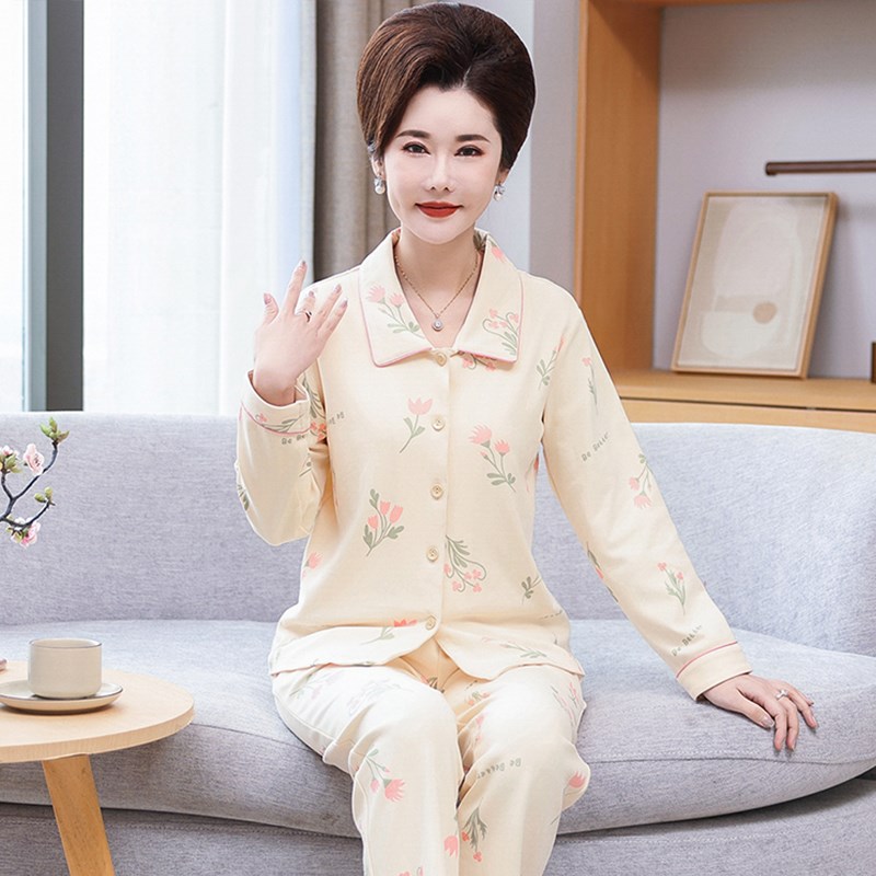 妈妈睡衣秋季长袖薄款中年人妇女士家居服春秋款全棉宽松大码