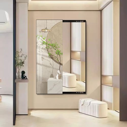 北欧风绿植隐藏式推拉全身镜装饰画卧室穿衣镜Q可遮档玄关镜子挂
