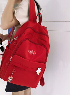 红色书包大学g生2024新款双肩包女大容量女生大红色电脑背包肩包