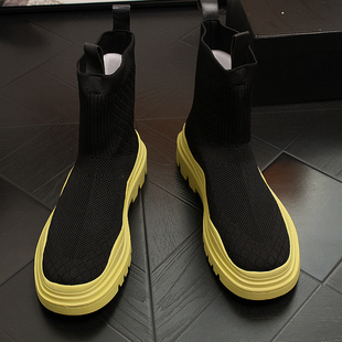 潮男马丁靴夏季 飞织潮流黑色靴子男内增高短靴 透气镂空高帮袜子鞋