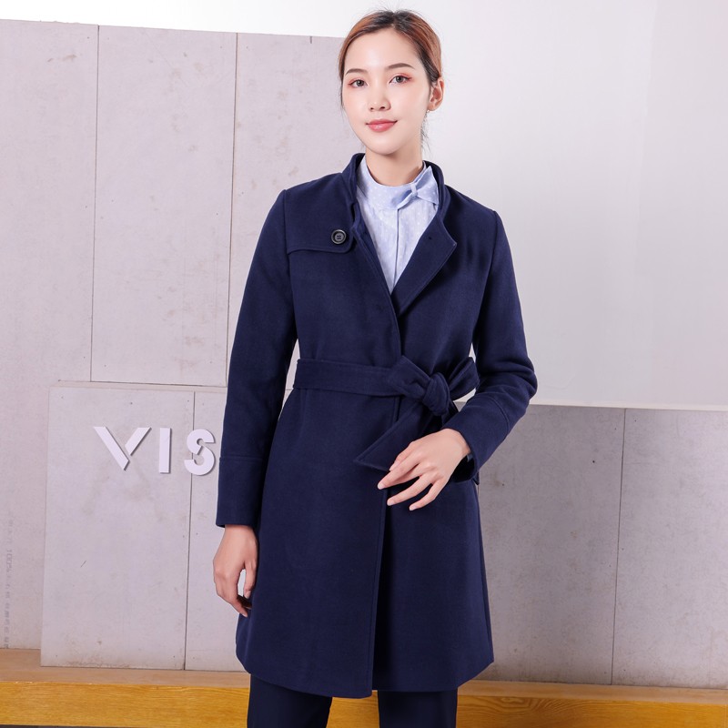 移动工作服ef女冬装大衣2020新款营业厅藏蓝色大衣工装制服呢子大