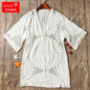 沙滩外套泳衣外搭罩衫 z开衫 沙滩衣 中长款 海边渡假蕾丝宽松七分袖