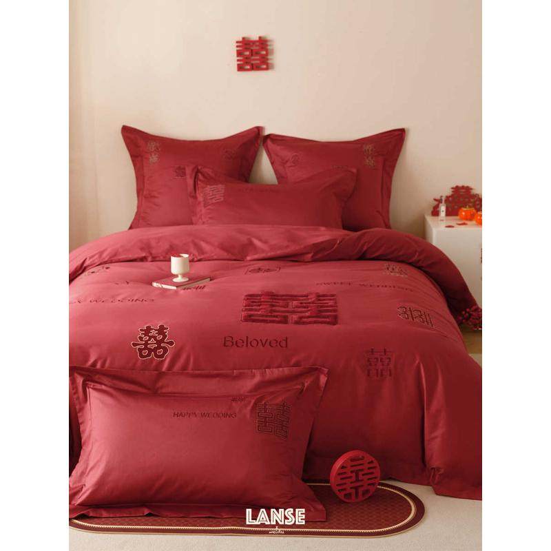 结婚床品.棉新刺绣支床被套1喜字中式笠红色婚庆件套1008床单四全,床上用品,婚庆床品套件,淘宝优惠券,粉丝福利购,淘宝优惠卷
