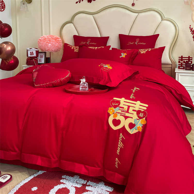 红色件套奢四新婚六喜庆结婚床上用品中式轻婚庆件套被套床单,床上用品,婚庆床品套件,淘宝优惠券,粉丝福利购,淘宝优惠卷
