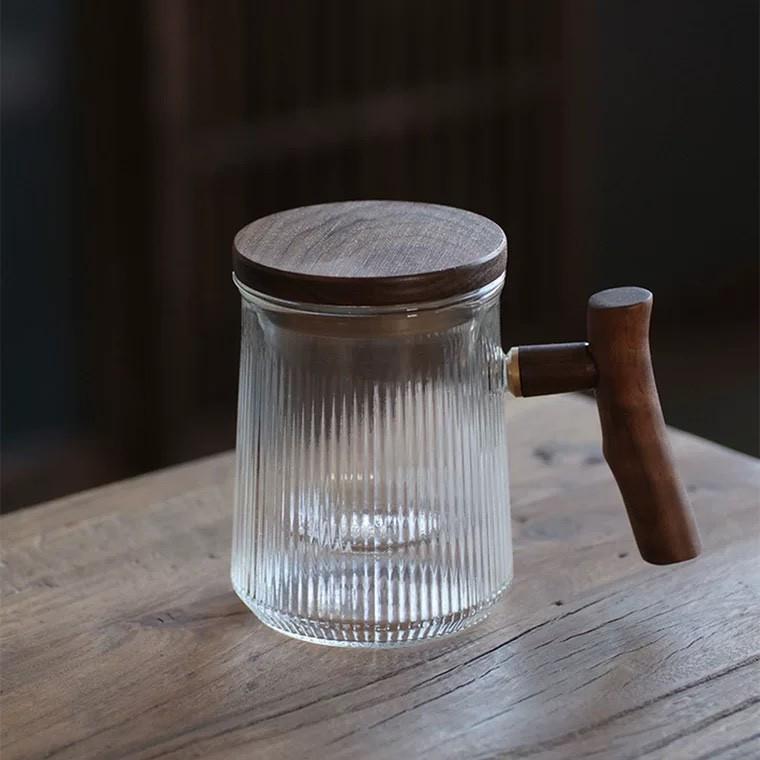 式杯玻璃条纹办公杯把家用玻璃杯泡茶壶泡茶壶木玻璃三件高级花茶