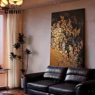 中国风古客厅装饰画玄关漆画挂画餐厅卧室背景中式植物花卉肌理画