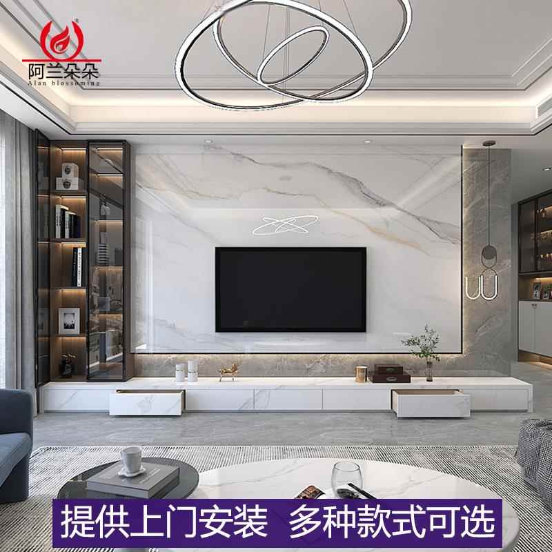 网红新款悬空岩板电视背景墙客厅大理石J现代简约木格栅影视墙装