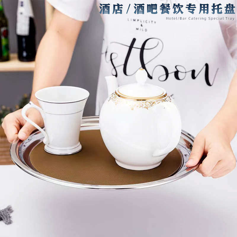 镜面不锈钢餐盘配硅胶垫酒吧防滑托盘茶盘隔热餐盘酒店餐厅圆托盘
