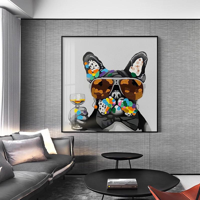 现代简约餐厅装饰画饭厅餐桌墙上挂画单幅卧室玄关墙面壁画酒杯狗