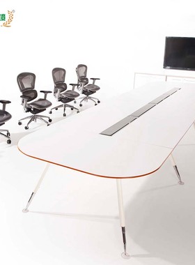 办公桌简约现代板式会议桌椭圆形带线槽会客桌钢木组合白色开会桌