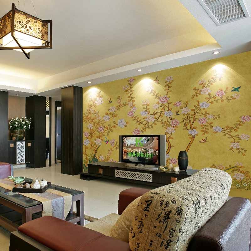 工厂16d大型壁画客厅电视国画A背景新中式壁纸无纺布墙纸花鸟壁画
