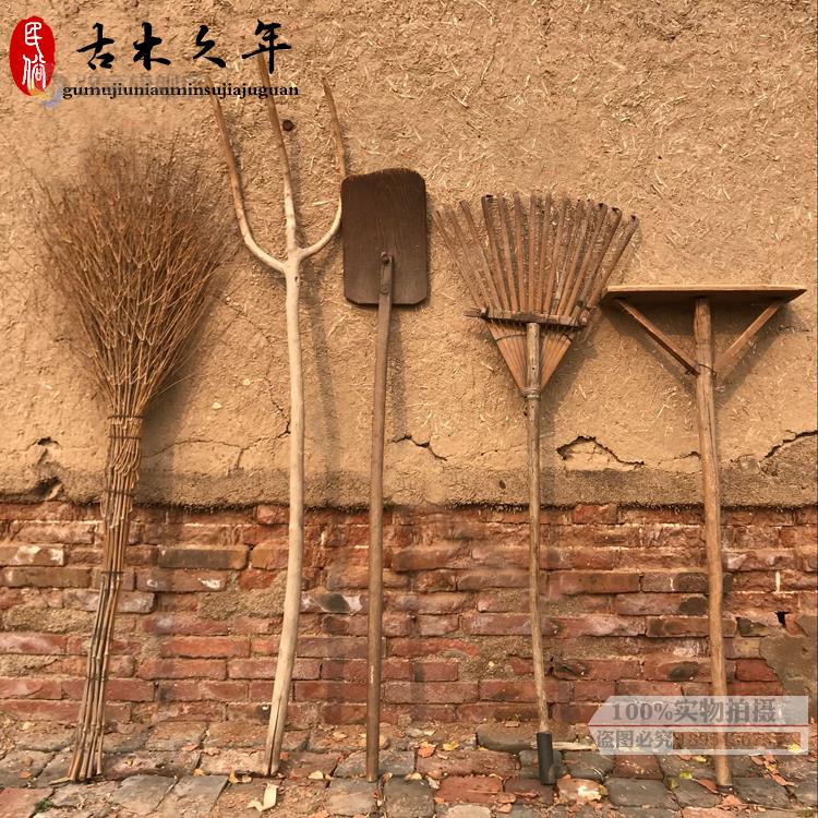 怀旧老农具摆件复古农耕工具装饰老木叉旧木耙旧锄头民俗农家院