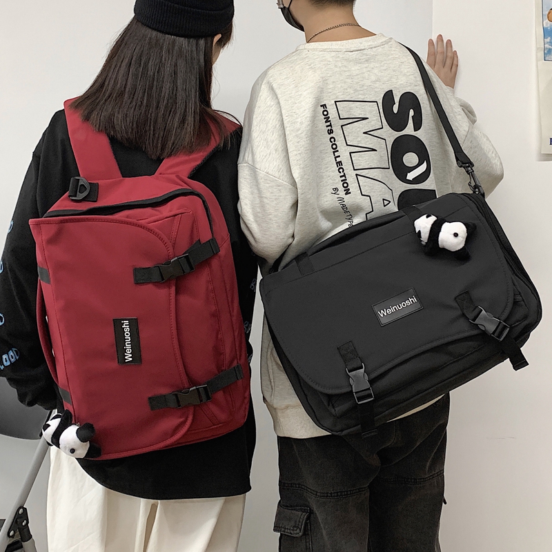大学生双肩包单肩两用多功能休闲翻盖男女纯色中学生三用斜挎书包