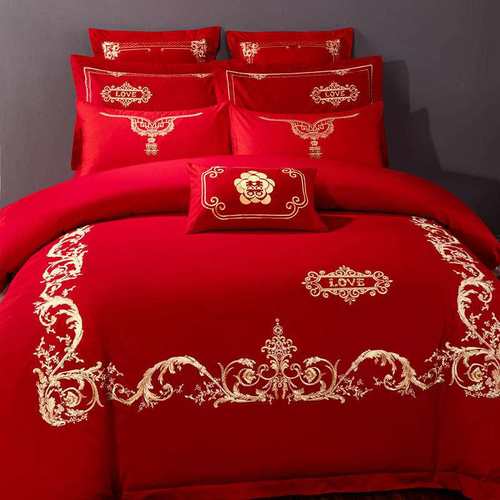 高档婚庆四件组结婚纯棉全棉婚嫁红色新婚床上用品床单被单被子被