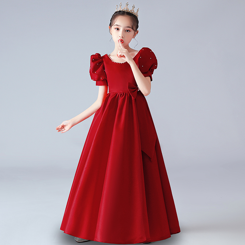儿童礼服女童f红色公主裙钢琴演奏表演小女孩主持人礼服裙2023新
