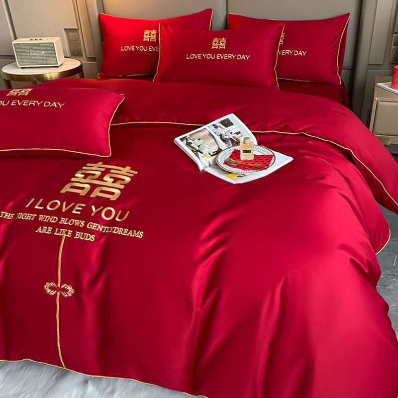 婚庆四件组水洗棉被套床单结婚床笠三件套床品大R红色喜庆中式欧,床上用品,婚庆床品套件,淘宝优惠券,粉丝福利购,淘宝优惠卷