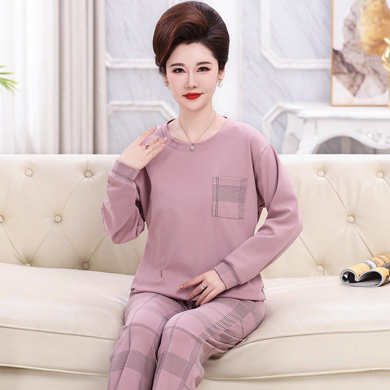 妈妈睡衣秋季长袖薄款套头中年人妇女士家居服春秋款休闲大码