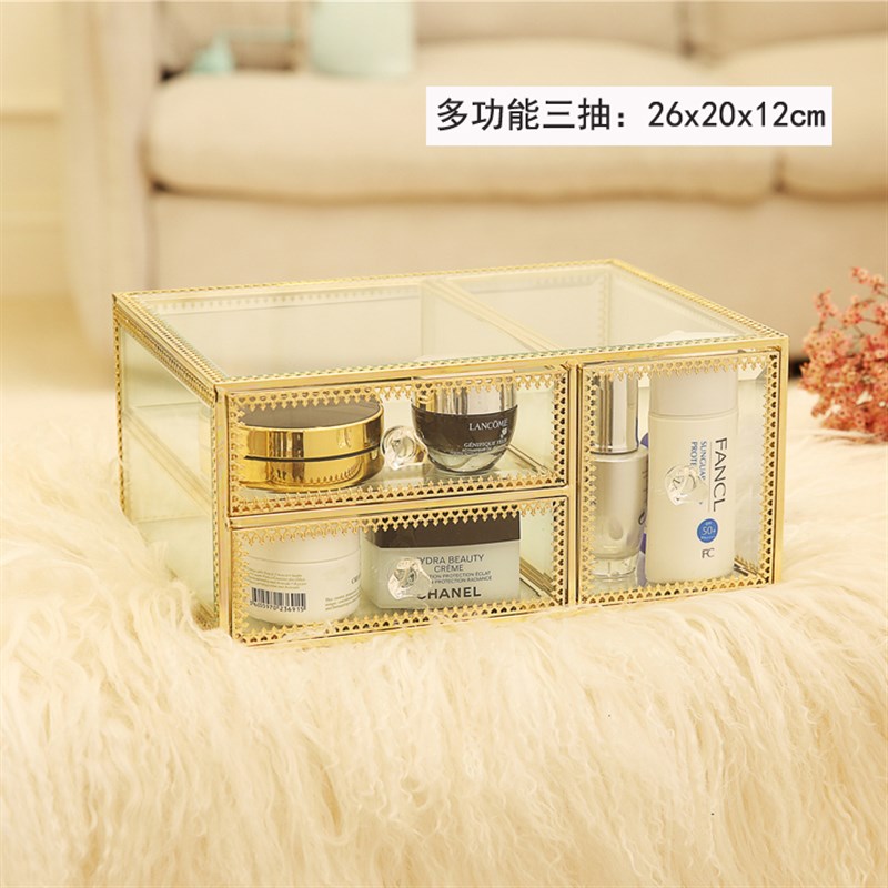 新款直销a桌面化妆品收纳盒欧式梳妆A台整理盒抽屉透明玻璃化妆盒