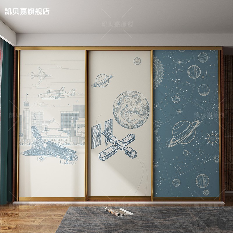 卧室衣柜a装饰星际飞船贴画柜门贴纸玻璃门木门改造衣橱壁纸自粘