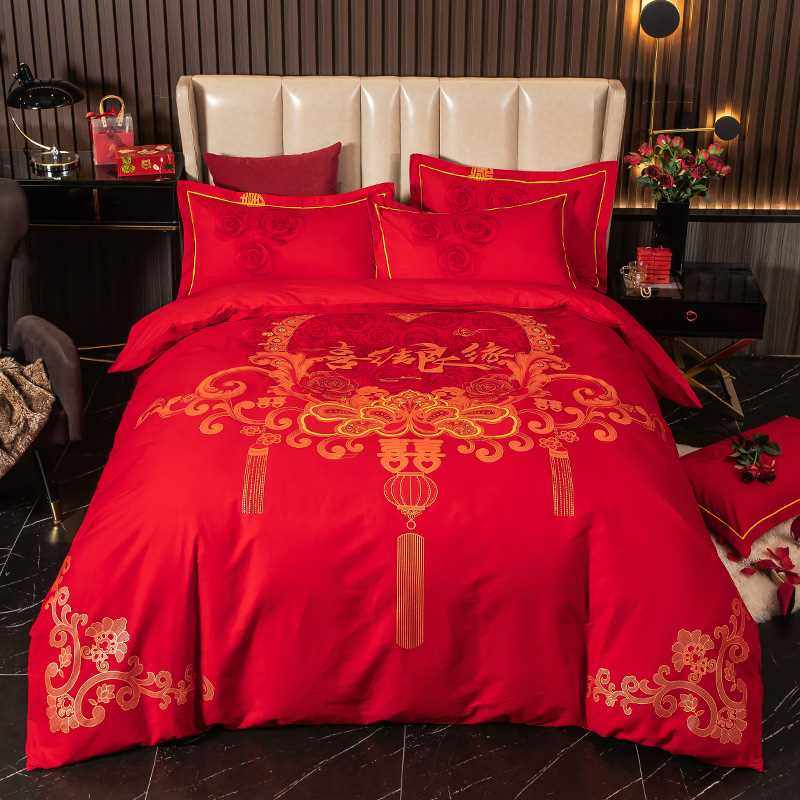 新品百子图四件套全棉纯棉红x色结婚婚庆加厚磨毛床单被罩双人床,床上用品,婚庆床品套件,淘宝优惠券,粉丝福利购,淘宝优惠卷