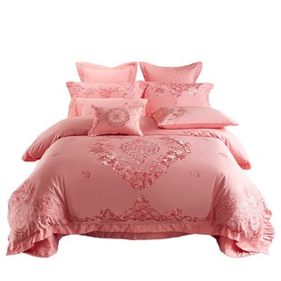 100支全棉婚庆四件套刺绣纯棉结婚粉色被套床单新婚六十床上用品