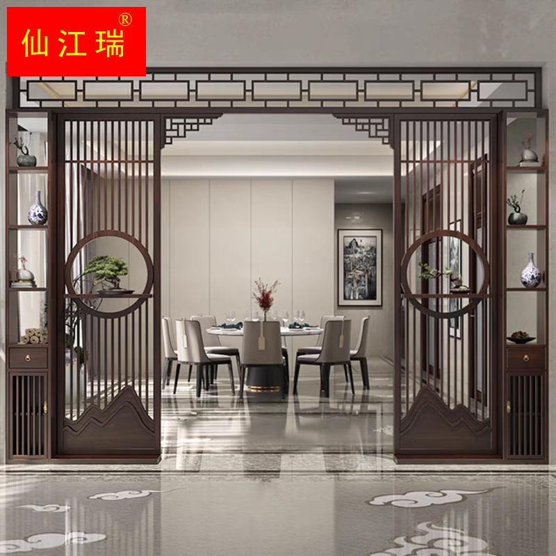定制新中式c茶餐厅仿古月洞门屏风铁艺隔断客厅玄关圆月亮金属拱