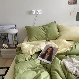 tuf4简约四季 纯色格子条纹水洗棉四件套被套学生宿舍床单人床笠三