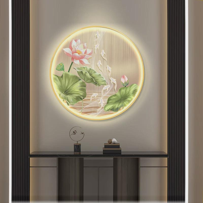 荷花九鱼图入户玄关装饰画走廊过道发光灯画背景餐厅墙壁圆形挂画图片