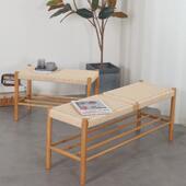 风格 北欧橡木实木换鞋 凳牛皮绳编织床尾长条凳子餐椅简约现代日式