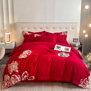 床上用品加厚全棉磨毛四件套婚庆大红色纯棉被套床笠冬季喜被罩暖