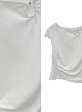 【玉米专享】时髦设计感短袖T恤修身收褶腰圆领气质上衣4016