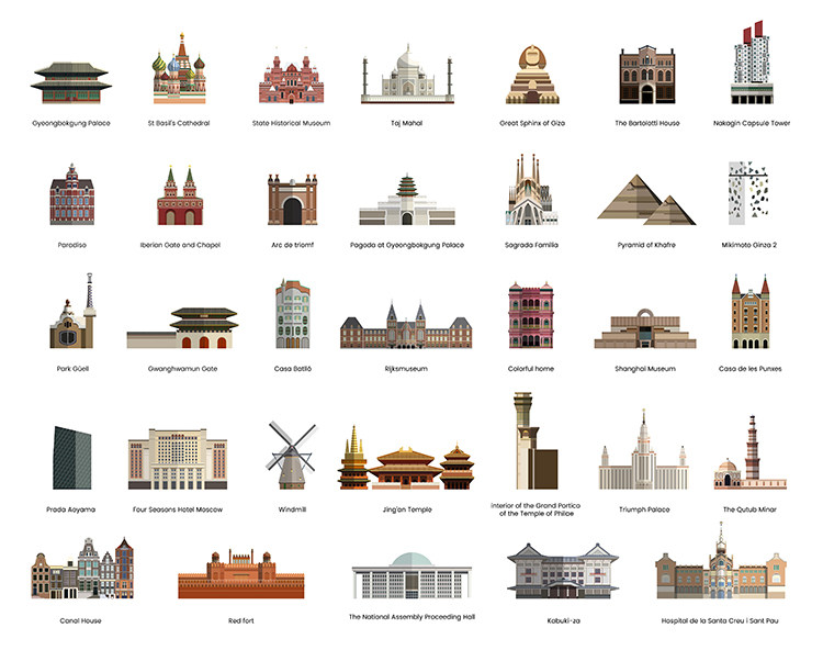 世界名建筑图标 33款全球各地旅游景点地标 ai格式矢量设计素材
